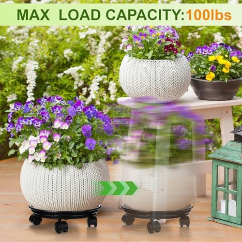 Honeydak 4 Pack 12 Inch Plant Stand with Mute Wheels and 10 Inch Waterproof Coasters Mat Set Heavy Duty Plant Dolly with Casters, Leakproof Drip Trays for Indoor Outdoor Pots, Protect Floor(Black) - Image 6