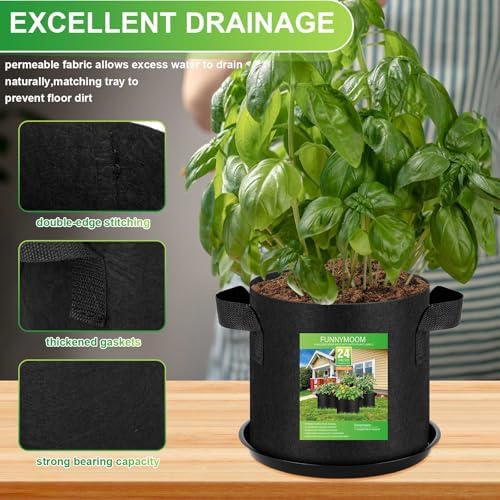 Funnymoom 24 Sets 1 Gallon Grow Bag with Plant Saucers for Indoor Outdoor - Image 3