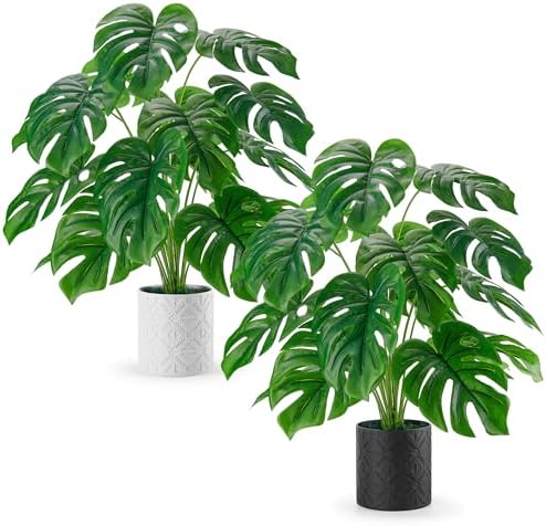 Der Rose 2 Pack 28" Fake Plants, Monstera Plant in Black-and-White Pots by DerRose