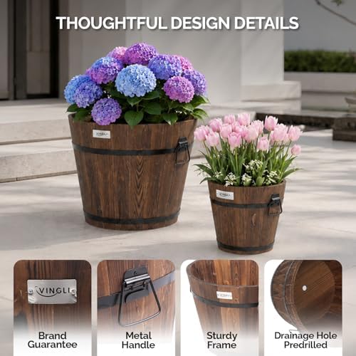 VINGLI 3 PCS Large Wooden Planter Barrel Set, 11.5"(Dia)- 18"(Dia) Real Wood Indoor/Outdoor Flower Pot w/Drainage Holes, Different Sizes, Large Garden Container Box - Image 3
