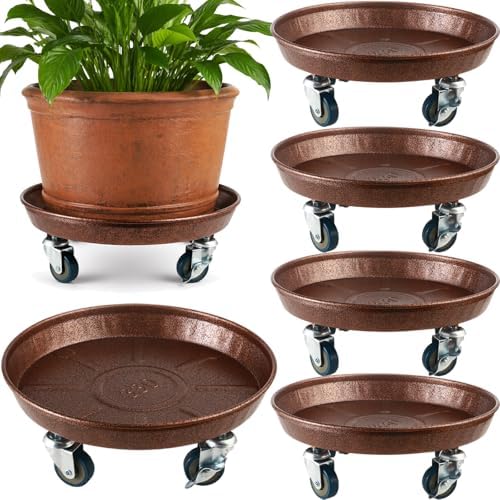 5 Packs Metal Plant Caddy with Wheels 13" Rolling Plant Stand Heavy Duty Plant Dolly with Casters for Indoor and Outdoor Large Planter Casters Potted Plant Mover,Copper by Planterhoma