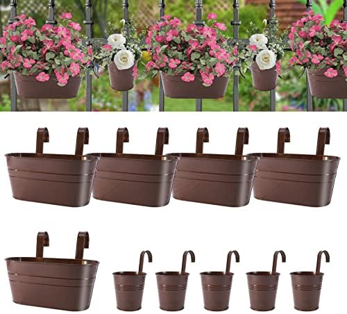 HowRU Metal Iron Flower Pots for Railing Fence Hanging Bucket Pots(5 Pcs) and Hanging Flower Pots Metal Iron Bucket Planter(10 Pcs) (Bronze) by HowRU