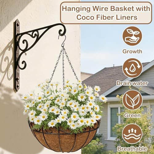 4 Pack 14 inch Metal Hanging Baskets for Plants, Round Metal Wire Hanging Basket Planter with Coco Fiber Liners Chain for Garden Home Porch Patio, Flower Border - Image 2