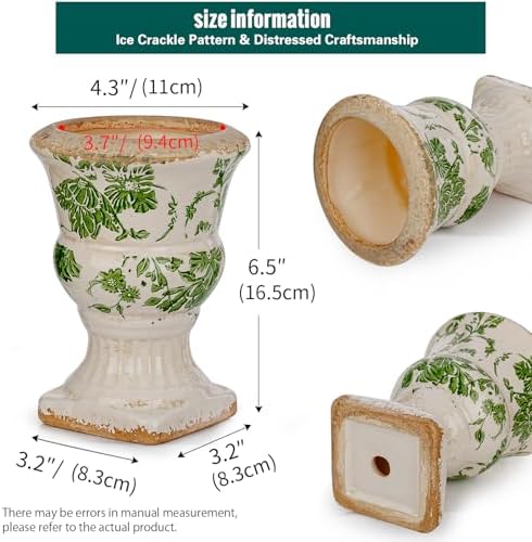 Sungmor Small Ceramic Urn Planter - Green Floral Pedestal Flower Pot - Image 3