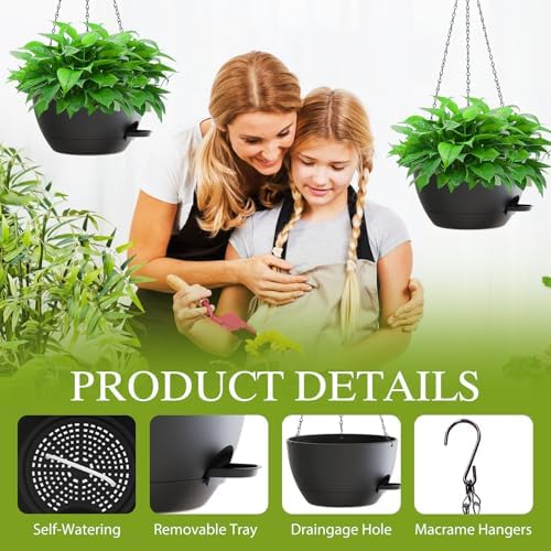12 Inch Hanging Baskets 2 PC with Chains, Self-Watering Hanging Planters for Indoor Outdoor Plants, Plastic Hanging Flower Pots,Black - Image 3