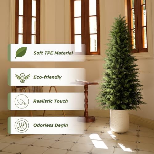 Mavis's Diary 5ft Artificial Cedar Topiary Tree, Set of 2 Realistic Faux Evergreen Shrub Plant in Planter, Indoor Outdoor Fake Cedar Tree for Front Porch, Entryway, Office & Home Decor - Image 2