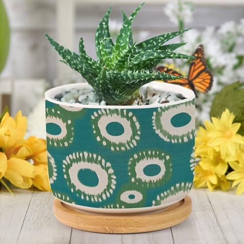 Green and Bukhara Ikat Ceramic Planters Peacock Strip Print Pots for Plants with Drainage Holes and Saucers Pot for Succulents Cactus Garden Windowsill - Image 6
