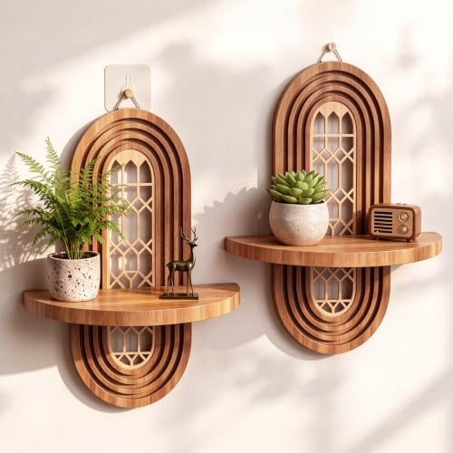 Boho Decorative Wooden Floating Wall Shelves Vintage Shelf with Oval Lattice Backplate Mid Century Modern Wall Mounted Shelves for Home Bathroom Bedroom Living Room Office Storage and Display（2-pack） by Unknown