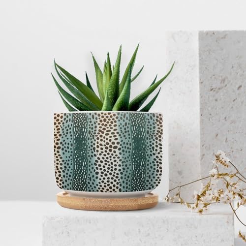 Chestnut Animal Planter Ceramic Animal Brown Dot Round Flower Pot with Drainage Holes and Bamboo Tray Pot for Succulents Cactus Garden Windowsill - Image 7