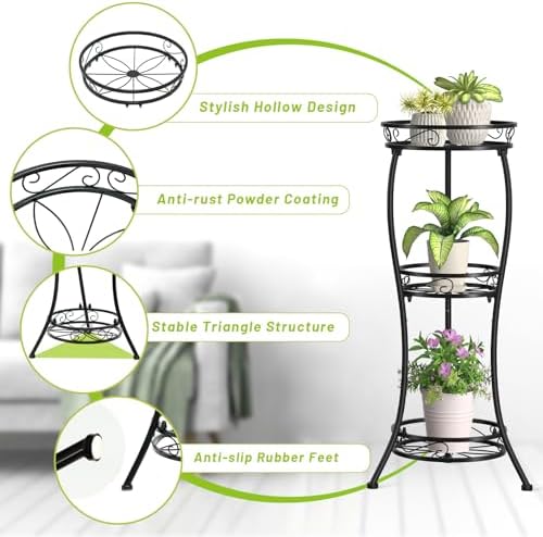 KMOTASUO 3 Tier Metal Plant Stand Tall for Indoor Outdoor Corner, Modern Black - Image 3