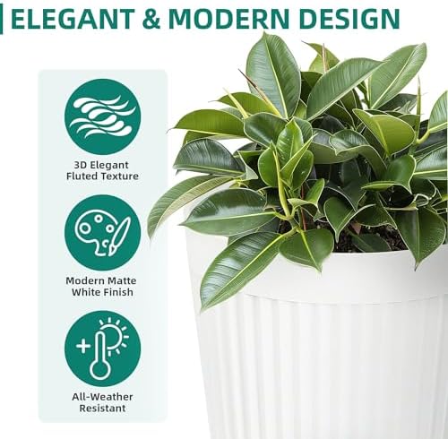 Autodaya 20" Tall Fluted Resin Planters Set of 2 with Drainage Holes - Image 4