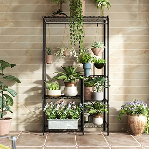 Xiofio Plant Stands for for Indoor Outdoor, Heavy Duty Metal Plant Stand,large Plant Shelf,Adjustable Plant Shelves With Hanging Rod for Living Room,Balcony,Garden,Black - Image 3