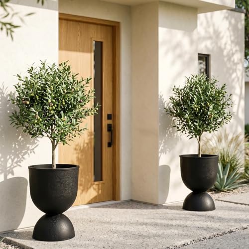 KOL Planters Flower Pots, Plastic Urn Planters for Indoor Outdoor Plants, Black Pedestal Planter Pots 2 Pack, 15 Inch Tall Decorative Planters with Drainage Holes & Plugs for Front Porch Patio Garden by KOL