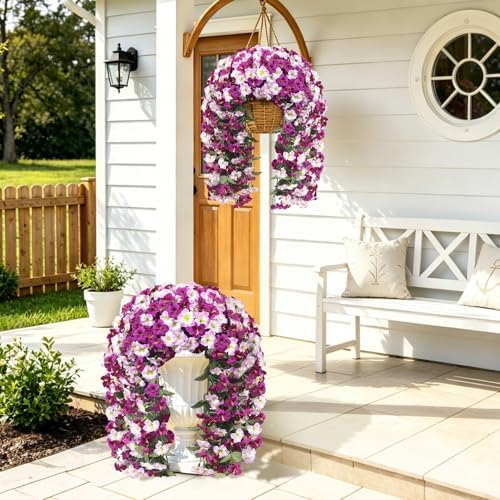 Artificial Hanging Flowers for Outdoors, 4 PCS 544 Blooms UV Resistant Morning Glory Faux Silk Vines, No-Odor Realistic Fake Plants for Garden Planter Porch Patio Decoration, Lotus Lightpurple - Image 6