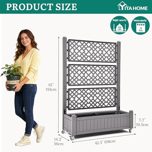 YITAHOME 42.5x14.2x61 in Planter Box with Trellis/Outdoor Privacy Screen, All-Weather Raised Garden Bed with Wheels & Drain Plug for Climbing Plants Flowers Herbs, Brown - Image 6