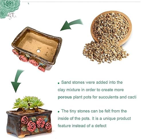 5.5 Inch Succulent Pot Handmade Flower Design Rectangular Ceramic Plant Pot Antique Cactus Pot Planter with Drainge Set of 2 (Yellow Pink Rose and Small Rose) - Image 2