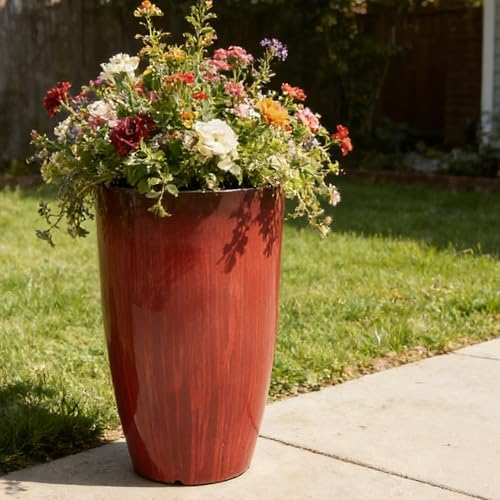 Worth Garden 23.5" H. Large Plastic Planters - Set of 2 Gradient Red Glossy Smooth Finish - Tall Plant Pots for Indoor & Outdoor Use - Decorative Lightweight Flower Pots for Front Porch, Patio, Deck - Image 3
