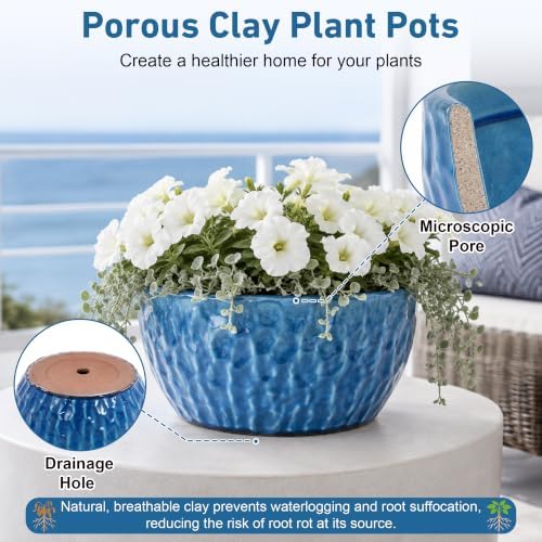 15" Large Ceramic Plant Pots Set of 3, Glazed Ceramic Flower Pot, Lake Blue - Image 3