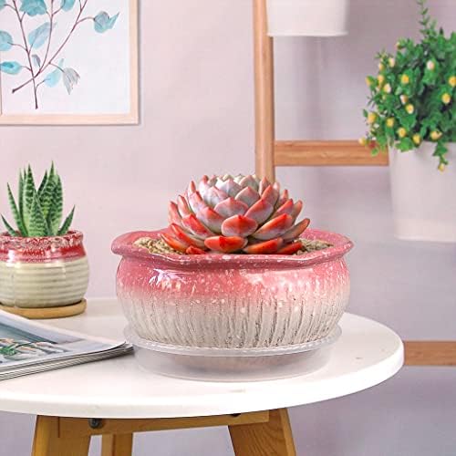 8 Inch Succulent Pot with Drainage and Saucer Glazed Terracotta Round Ceramic Succulent Planter Cactus Bonsai Plant Pot (Pink) - Image 4