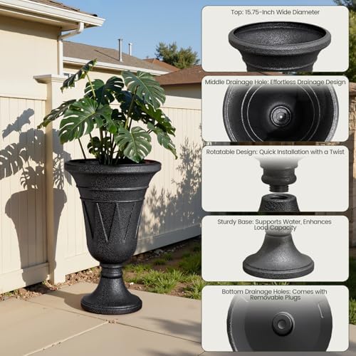 Tall Plastic Urn Planters for Outdoor Plants Set of 2-23.6" H Classic Trophy Design Indoor Large Flower Pots with Drainage Holes, Outdoor Planters for Porch Decor/Garden Vase, Black - Image 3