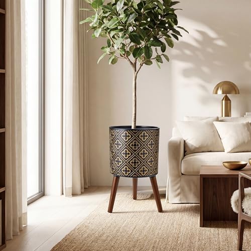 10 Inch Plant Pot with Stand, Planter for Indoor Plants, Modern Large Flower Planter Pot with Drainage Holes for Outdoor, Black ＆ Gold - Image 2