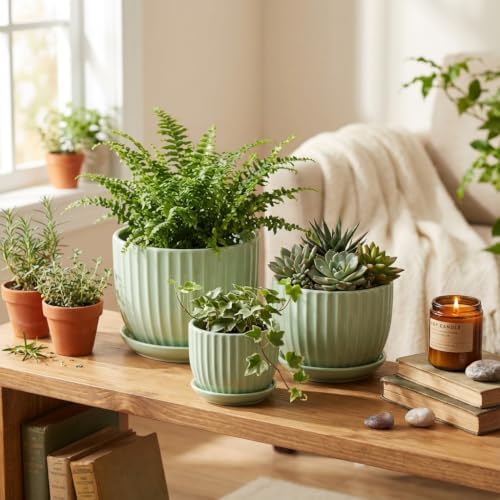 Flower Pots,Ceramic Plant Pots with Drainage Holes Set of 3（Light Green） - Image 6