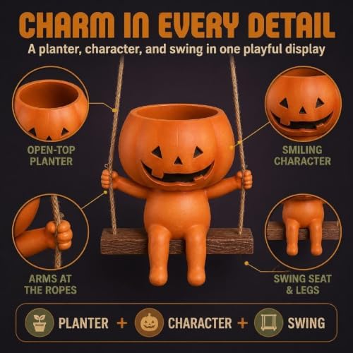 Pumpkin Swing Flower Planter Hanging, Pumpkin Planters Outdoor, Halloween Pumpkin Ceramic Hanging Planter, Unique Sitting Swinging Plants, Entryway Patio Pumpkin Planter Rope Flower，3 - Image 6