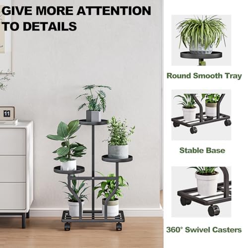 Plant Stand with Wheels, Black 3 Tier Metal Plant Shelf for Indoor Outdoor - Image 4