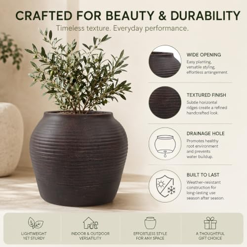 12" H x 14" Dia Vintage Black Fiberstone Planter Pot with Drainage Hole, Decorative Flower Pot for Houseplants, Small Trees & Greenery, Indoor Outdoor Patio, Porch, Entryway & Garden - Image 4