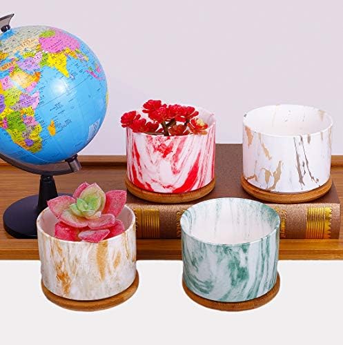 4 pcs 4 Inches Ceramic Marbleizing Style Succulent Planters with Bamboo Trays (Colorful) - Image 4