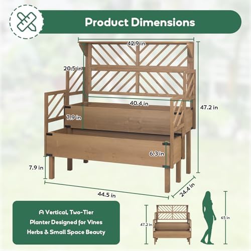 PetsCosset Raised Garden Bed with Trellis, 2-Tier Elevated Planter Box with Legs & Top Shelf, Liner, Metal Corners, Wooden Garden Beds for for Climbing Plants, Flower, Vegetables, Herbs - Image 3