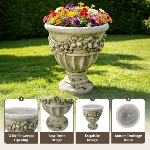 16.33" Tall Rustic Urn Planter, 12.99" W x 12.99" D Magnesium Oxide Outdoor Pedestal Planter with Drainage Hole, Rust Finish Garden Urn for Patio, Porch and Entryway Decor - Image 4