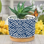 Lacefield Print Geometric Blue Planter Ceramic Chinoiserie Grandmillenial Trail Round Flower Pots with Drainage Holes and Bamboo Tray Pot for Succulents Cactus Garden - Image 6