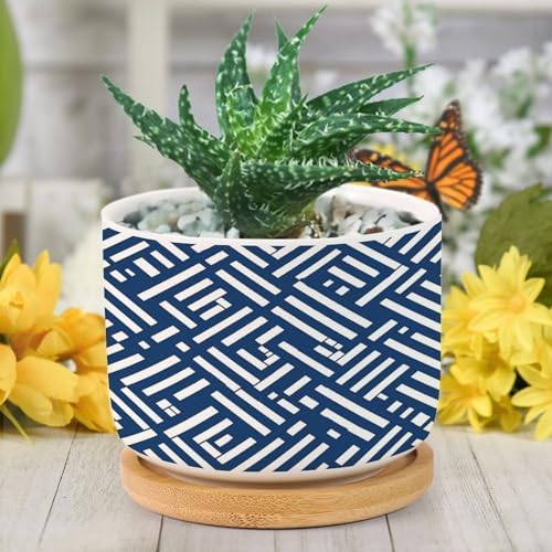 Lacefield Print Geometric Blue Planter Ceramic Chinoiserie Grandmillenial Trail Round Flower Pots with Drainage Holes and Bamboo Tray Pot for Succulents Cactus Garden - Image 6
