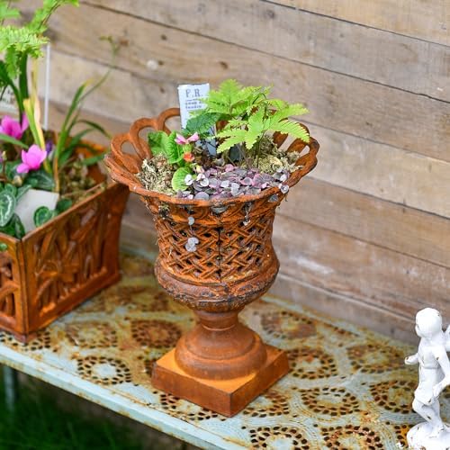 Sungmor Cast Iron Rust Urn Planter - 10 Inches Hollow Trophy-Shaped Design - Image 6