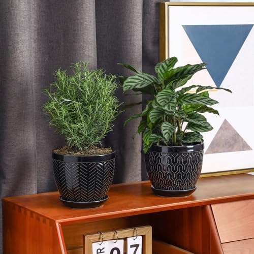 Sureasy 6.5 Inch Ceramic Plant Pots, Embossed Decorative Planters with Drainage Hole and Saucer, Modern Flower Pots for Indoor Plants, Set of 2, Black - Image 7