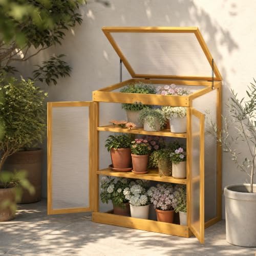 LAZZO Wooden Cold Frame Greenhouses for Outdoors, 2-Tier Garden Cabinet by LAZZO