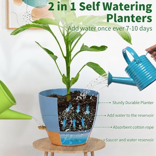 12/10/9/8/6 Inch Self Watering Pots for Indoor Outdoor Plants, Set of 5 Large Plastic Planters with Visual Water Window, Drainage Holes & Watering Lip, Modern Decorative Flower Pots (Blue) - Image 2