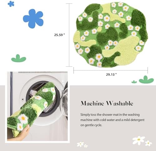 YIKUSH Moss Rug, Cute Green Plant Bath Mat with White Flowers, 29x26 Inch - Image 2