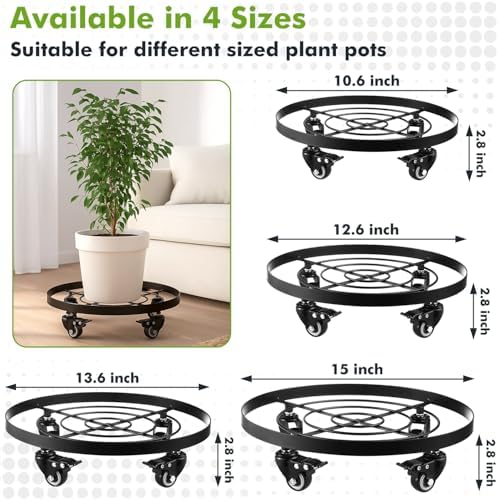 3 Packs Metal Plant Caddy 10.6 Inches Plant Dolly Coasters with Wheels Heavy Duty Rolling Plant Stand with Casters for Indoor Outdoor Flower Pot Mover Rollers Black, Plastic Saucers Included - Image 3