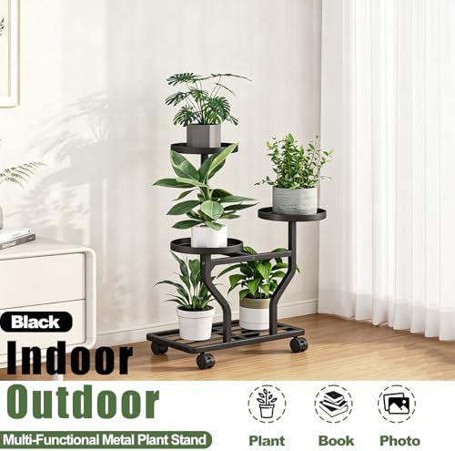 Plant Stand with Wheels, Black 3 Tier Metal Plant Shelf for Indoor Outdoor - Image 5