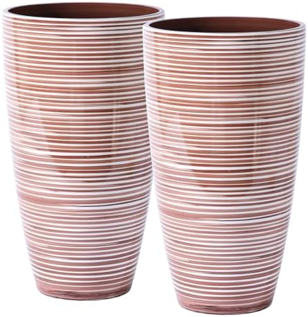 SUN-E Tall Planters for Outdoor Plants 2Pack, 21-Inch Large Striped Planter with Removable Insert Shelf,Ribbed Coffee&Milk Finish Tall Flower Pots for Front Porch Deck Boho Home Decor For Plant Lovers by SESUN-E