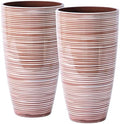 SUN-E Tall Planters for Outdoor Plants 2Pack, 21-Inch Large Striped Planter with Removable Insert Shelf,Ribbed Coffee&Milk Finish Tall Flower Pots for Front Porch Deck Boho Home Decor For Plant Lovers by SESUN-E