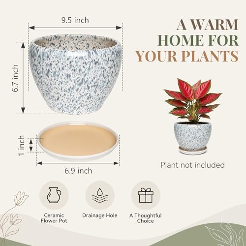 9.5 Inch Ceramic Plant Pot with Drainage Hole Mesh Net,Modern Gardening Pots for Indoor Plants with Saucer, Spotted Blue - Image 6