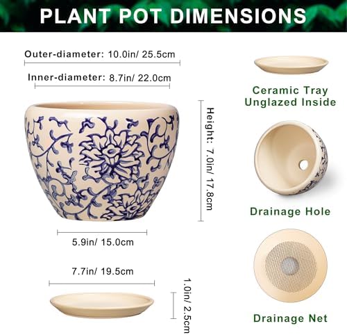 Ceramic Pots for Plants 10 Inch - Indoor Flower Pots with Drainage Hole and Tray, Decorative Pot for Indoor Outdoor Plants, Round Planters, Bathroom Decor, Gifts for Men Women, Retro Blue - Image 2