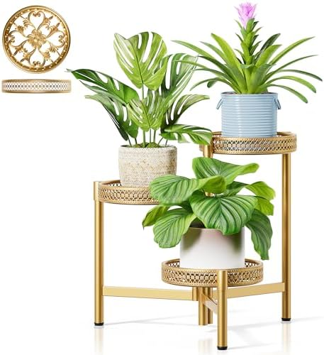 Metal Plant Stand Indoor Outdoor, 3 Tier Corner Plant Shelf for Multiple Plants, Gold Tiered Plant Stand, Heavy Duty Flower Holder, Folding Tall Rack for Garden Patio Balcony - GoldWave by Unknown