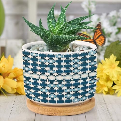 Blue Geometric Planters Ceramic Blue and White Round Plant Pot with Drainage Holes and Bamboo Tray Pot for Outdoor Garden Home Plant - Image 6