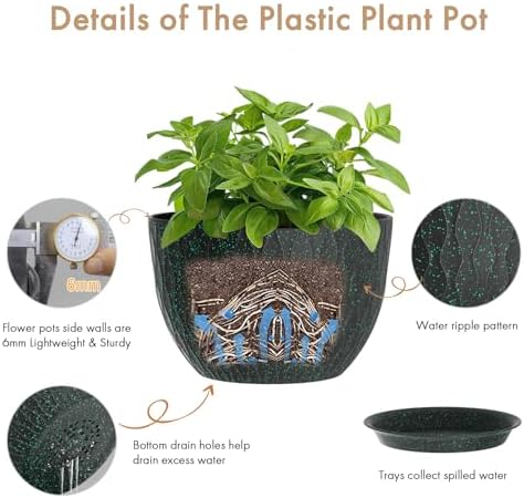 WSMKSZ 12 Inch Wide Water Ripples Flower Pots for Indoor or Outdoor Plants, Large Plant Pots with Drainage Holes & Saucer, Plastic Planters Set for Garden & Home Decor (Black with Green Speckles) - Image 3