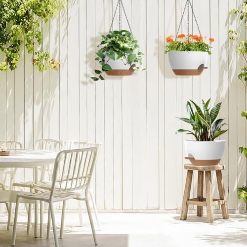 3 Pack 10 Hanging Flower Pots with Chains Self Watering Plastic Planters for Indoor Outdoor Plants, Sturdy Triangular Iron Chain Design for Garden PorchPlastic hanging flower pots (3, White-brown) - Image 6