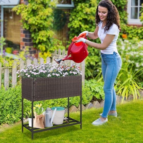 Giantex Raised Garden Bed with Legs, 28" x12" Rattan Elevated Planter Box w/Storage Shelf, Removable Liner, Drainage Gaps for Vegetables, Flowers & Herbs, Outdoor Planting Stand for Backyard, Patio - Image 3